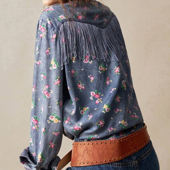 Dark Wash Casual Women's Western fringe floral Printed Loose button down Shirt - Picture 7 of 7